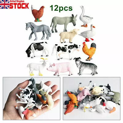 Farm Animals Model Mini Farm Poultry Figure Kids Toys Cows Model Playset Set X12 • £7.28