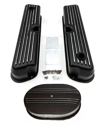 SBF Ford 289 302 351W Finned Retro Black Alum Valve Covers & 12  Air Cleaner Kit • $159.99