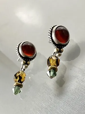 Signed 925 Sterling Silver Round Carnelian & Faceted Bead Stud Dangle Earrings • $29.50