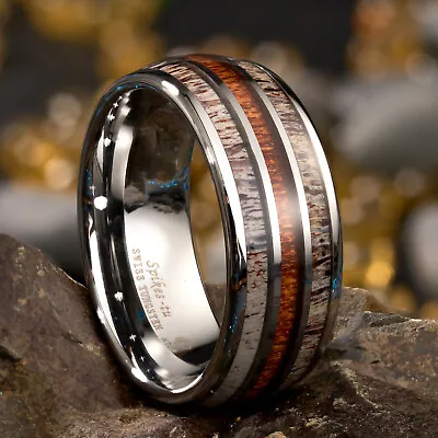 10mm Silver Tungsten Ring Men Wedding Band ATOP Jewelry & Deer Antler Koa Wood • $24.99