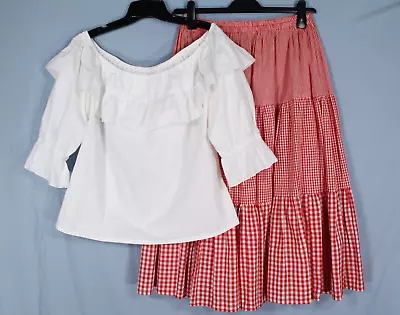 VTG CUSTOM MADE Red/White PLAID Ruffle SQUARE DANCE Blouse/Skirt OUTFIT Sz L • $40