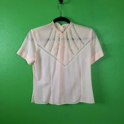 Vintage Na Ma Light Pink Lace Nylon Short Sleeve Delicate Women's Shirt Size SM • $45