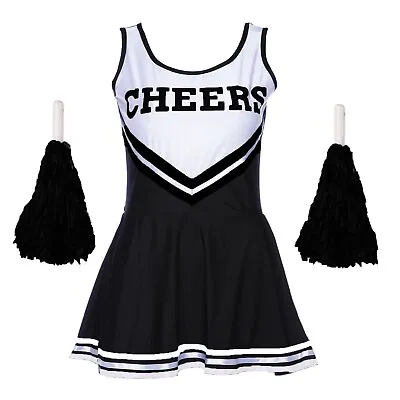 Black Cheerleader Halloween Fancy Dress Outfit School Uniform Costume Pom Poms • £14.45