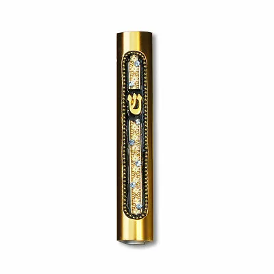 Small Aluminum Yellow Gold-Tone Blue CZ Mezuzah Case Shin 3.75  • $14.99