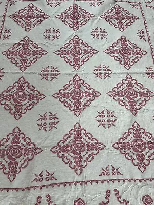 Antique ~Roses Pink Vintage Embroidered Quilt~Hand Quilting Cottage 92X82” • $129.98