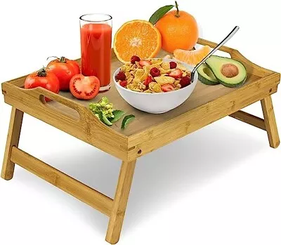 Bamboo Wooden Bed Tray With Folding Legs Serving Breakfast Lap Tray Table Mate • £12.49