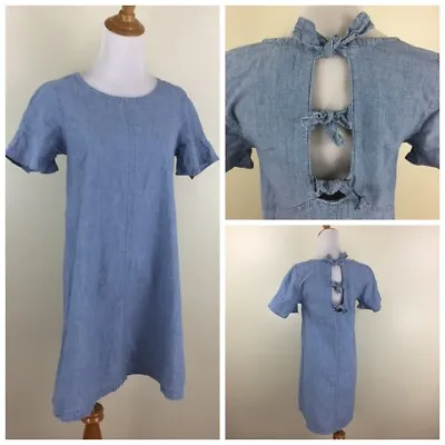 MADEWELL Light Blue Chambray Bow Cut Out Back Ruffle Sleeve Dress Womens Sz XS • $13.59