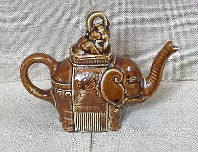 Vintage Small Satsuma Brown Porcelain Elephant Teapot Baby Calf Lid Ethnic Boho • $22