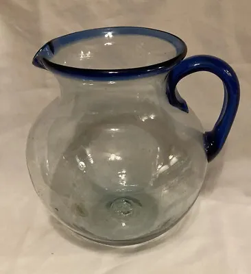 Mexican Blown Glass Pitcher W/ Cobalt Blue Rim & Handle Mariposa A Work Of Art • $29.99