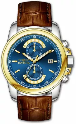Invicta Elegant Mens Specialty Gold Blue Chronograph Leather Strap • £642.30