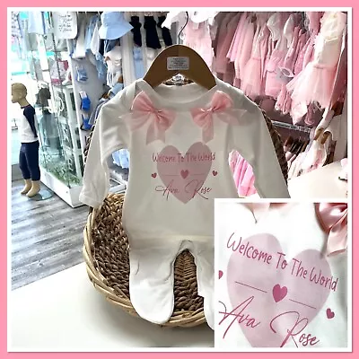 Personalised Baby Girl Welcome To World Baby Grow New Baby Shower  Gift Idea Bow • £12.99