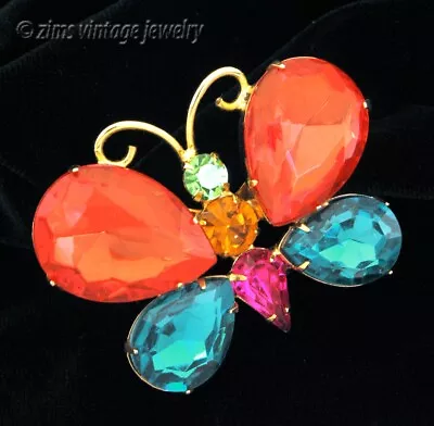 Vintage MODERNIST Colorful Acrylic Rhinestone BUTTERFLY Bug Gold Tone Pin BROOCH • $5.99