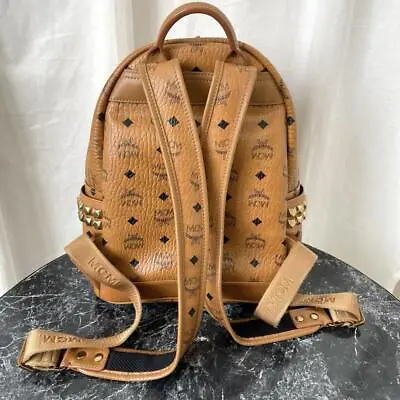 MCM Side Stud Backpack Brown Cognac Visetos Monogram Canvas Gold Small Authentic • $411.42