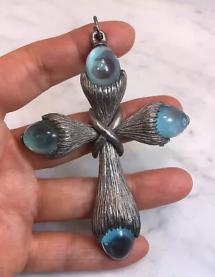 Vintage Large Unsigned Textured Silver Tone Cabochon Blue Glass Cross Pendant • $150