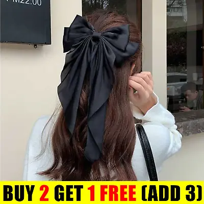 Large Bow Ribbon Barrettes Womens Girls Satin Steel Hair Clip Hairpin Headwear • £0.99