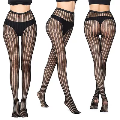 £4.50 • Buy Womens Black Striped Fishnet Lace Fashion Tights Stripes Pattern Patterned Net