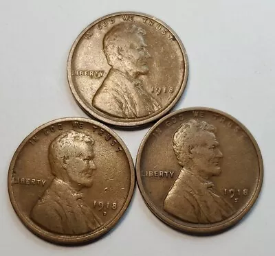 Lot Of 3 - 1918p 1918 D 1918s  Lincoln Wheat Cent# 7 • $10.95