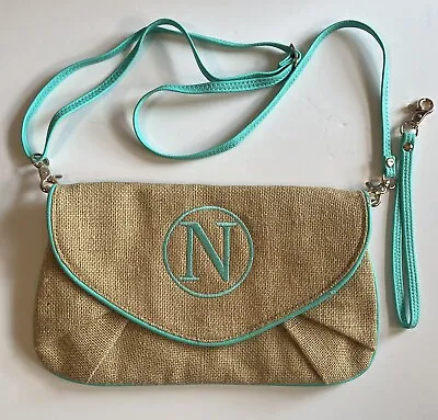 Envelope Clutch Crossbody Burlap Bag Monogram “N” Turquoise Trim • $12