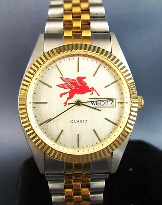 Vintage Mobil Oil Company Pegasus Quartz Mens Watch  Silver & Gold Tone 1980 • $129