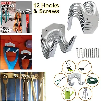12 Galvanized Hooks Set Garage Garden Shed Wall Hanging Tools Storage Brackets • £6.70