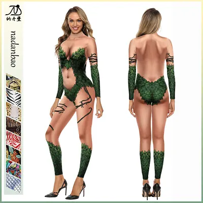 Women Poison Ivy Cosplay Costume 3D Sexy Jumpsuit Bodysuit Halloween Zentai Suit • $35.52