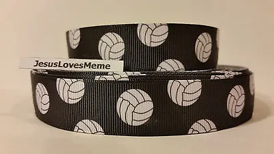 Grosgrain Ribbon White Volleyballs On Black Sports Volleyball 7/8  Wide • $1.25