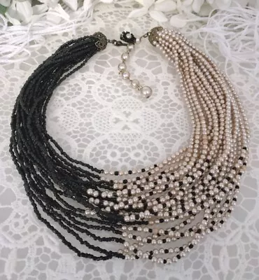 Hess Asymmetrical Miriam Haskell Multi Strand Black & Pearl Seed Bead Necklace • $225