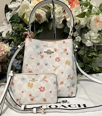 Coach Signature Canvas SMALL TOWN BUCKET Tote/Crossbody~Chalk/Mystical Floral • $245