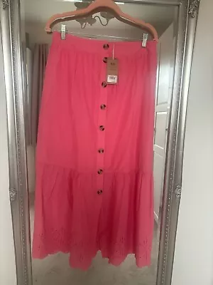 Next Button Through 100% Cotton Midi Skirt In Pink Size 16 Brand New • £14.99