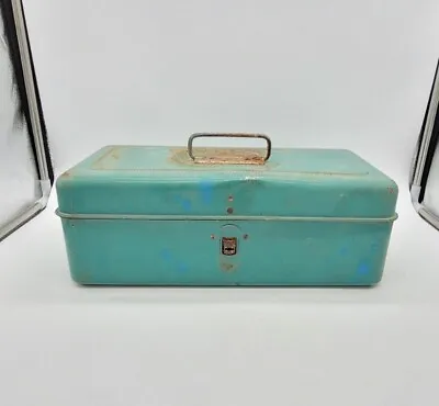 Vintage Liberty Steel Corp Turquoise Metal Tackle Tool Box W/ Embossed Ruler • $39.59