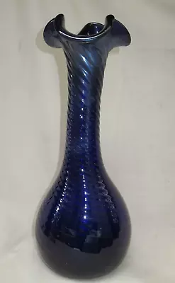 Romanian Studio Art Glass Vase  Cobalt Blue Ribbed Flared Rim Hand Blown & Label • $51.99