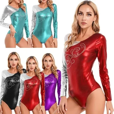 US Womens Shiny Metallic Patchwork Leotard Long Sleeve Gymnastics Dance Bodysuit • $12.59