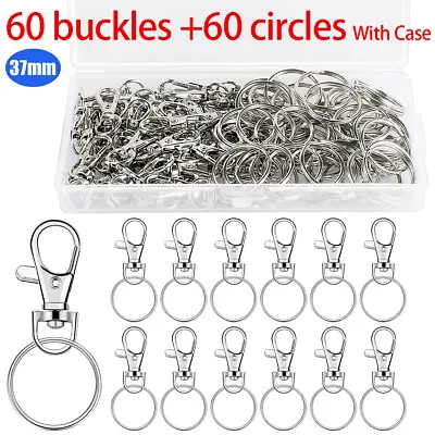 60pcs 37mm Lobster Clasp Trigger Swivel Clasps Split Keyring Fob Key Ring Silver • £6.39