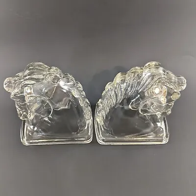 Vintage Pair Art Deco FEDERAL Clear Glass HORSE HEAD Bookends 5 1/2  X 4 1/2  • $18