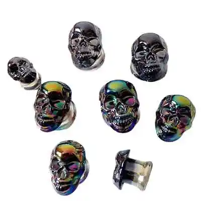 Pair Black Glass Skull Ear Gauges Ear Plugs Ear Tunnels Piercings Body Jewelry • $17.05