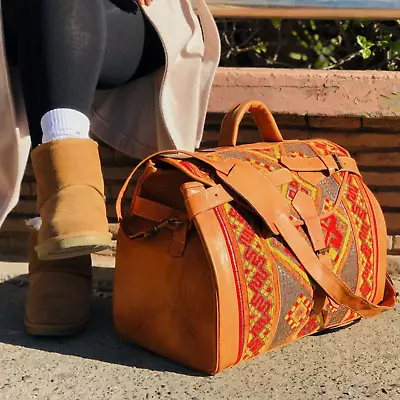 Victorian Carpet Mary Poppins Vintage Leather Weekender Kilim Travel Bag • $155.99