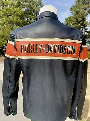 Harley Davidson Men VICTORY LANE Leather Jacket Orange Stripe #1 Racing Medium • $239.98