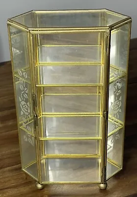 Etched Floral  Glass & Brass Mirrored Curio Display Cabinet Table 10  T X 6  L • $69.99