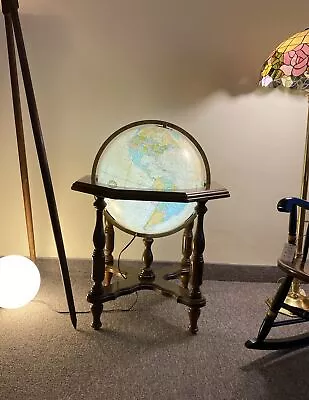 REPLOGLE MID CENTURY HEIRLOOM ILLUMINATED WORLD GLOBE 20” Stands 37” X 27” X 27” • $450