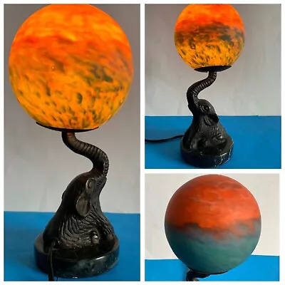 Metal Elephant Figural Table Lamp Marble Base Stained Glass Shade 11” ~ 3.5 Lbs. • $84.38