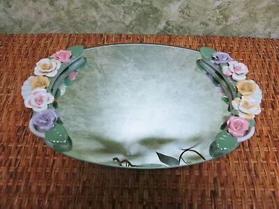 Vintage Oval Mirror Vanity Tray/colorful Porcelain Flowers/porcelain Handles • $7.99