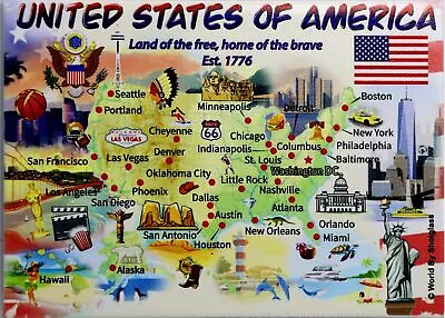 United States USA Graphic Map And Attractions Souvenir Fridge Magnet 2.5  X 3.5  • $8.45