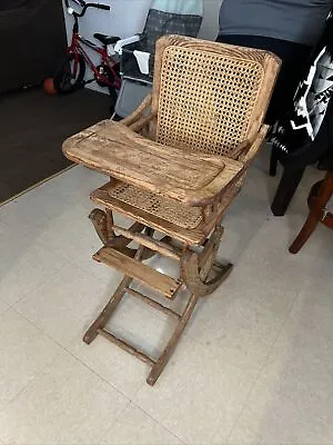 Antique Vintage Solid Wood Mechanical Convertible  High Chair/Rocker Woven Cane  • $50