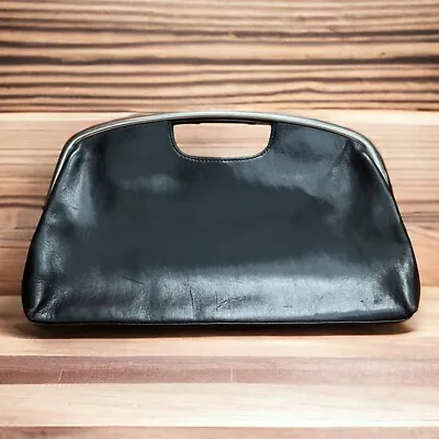 VINTAGE Hobo International Black Leather Clutch Silver Frame Handbag Purse • $38.40