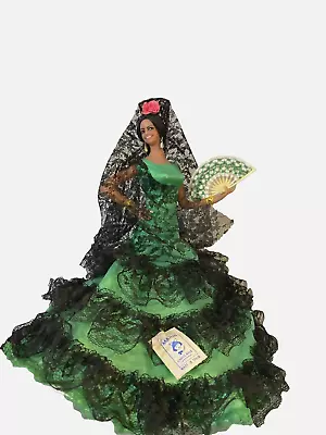 Vintage Flamenco Dancer Doll 10” Tall Beautiful Green Lace Dress On Stand • $11