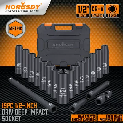 $69.34 • Buy 19Pc Deep Socket Set Impact 1/2  Drive Extension Bars Flexible Adapter 10-24mm