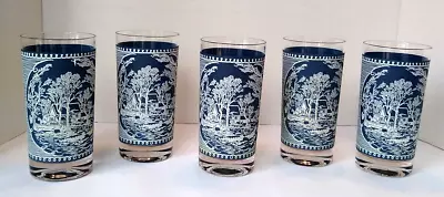 Vintage Currier & Ives Old Mill Blue 5.5  Tall Tumblers Glassware Set Of 5 • $34.99
