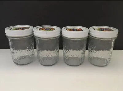 $14.99 • Buy 4 - 8 Oz Ball Quilted Crystal Clear Jelly Jam Glass Mason Jar W/ Lids 1/2 Pint