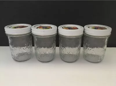 $14.99 • Buy 4 - 8 Oz Ball Quilted Crystal Clear Jelly Jam Glass Mason Jar W/ Lids 1/2 Pint