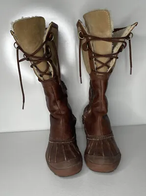 UGG Belcloud Waterproof Boots Size 7.5 Brown Sheepskin Leather Knee High Women • $39.99